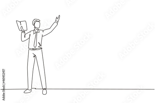 Single continuous line drawing man teacher teaching lesson in front classroom with open book. College class or university teacher teach. Male teaching of sociology. One line draw graphic design vector