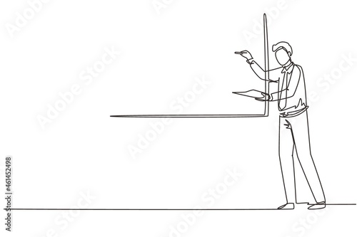 Single continuous line drawing business man teacher standing in front of the white board, holding book and writing business plan strategy and tactics theory. One line draw design vector illustration