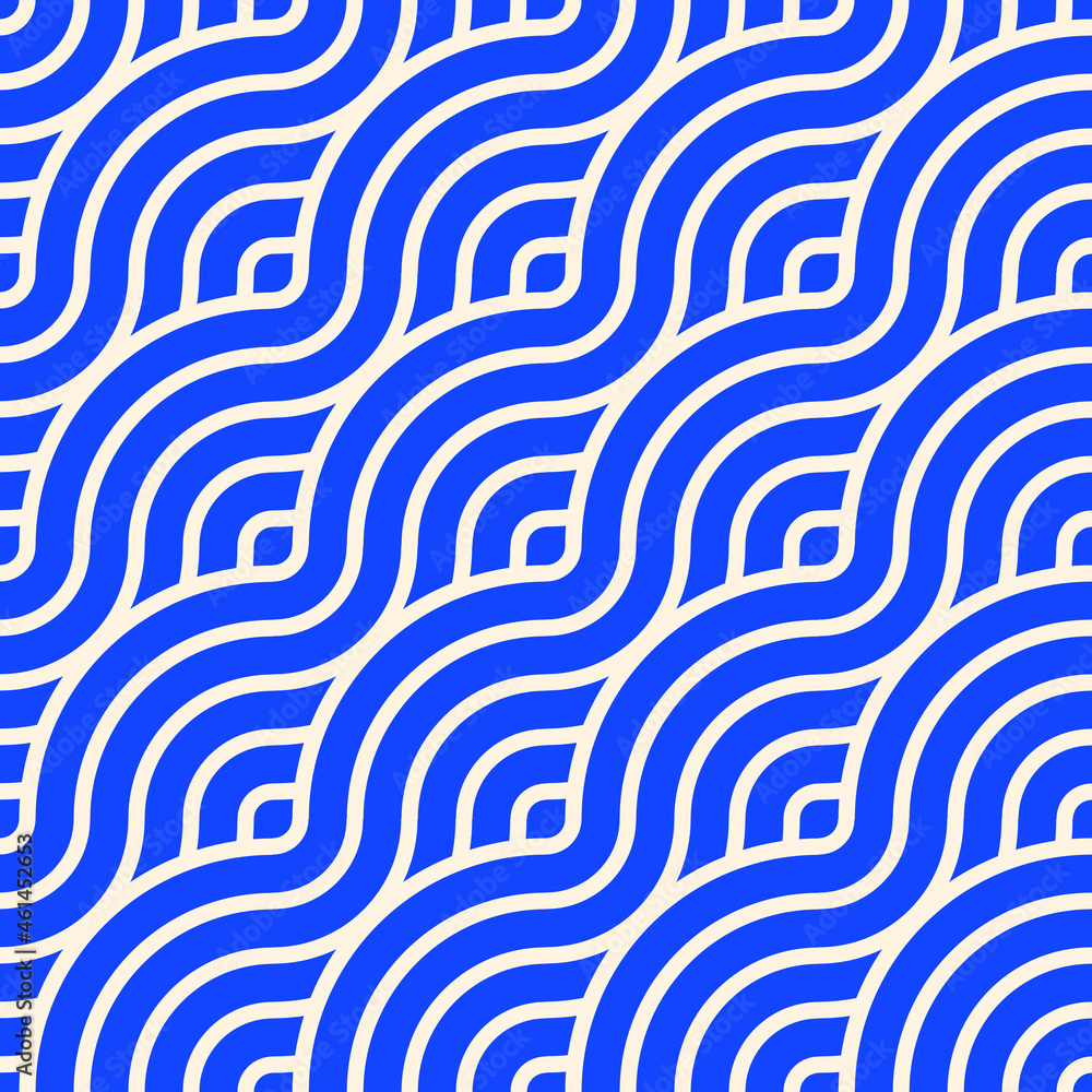 Abstract trendy blue waves with contour intertwine.Seamless modern pattern for stylish fabrics, decorative pillows, paper products. Vector.