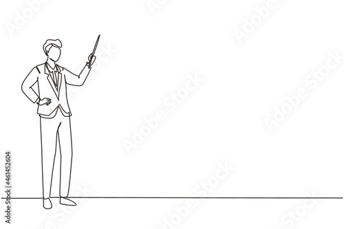 Single continuous line drawing confident teacher, mentor, trainer, businessman, manager, employee, wearing suit indicating pointing with stick in hand. One line draw design graphic vector illustration