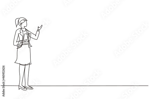 Single one line drawing woman teacher, professor standing in front of classroom teaching student at school. Professor at university is giving lecture. Continuous line draw design vector illustration