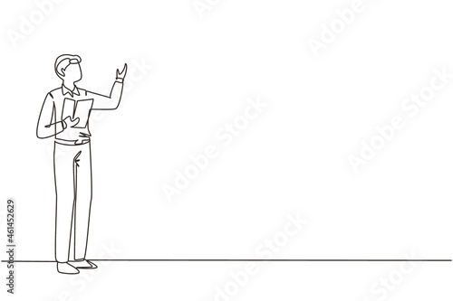 Continuous one line drawing man teacher, professor standing in front of classroom teaching student at school. Professor at university is giving lecture. Single line draw design vector illustration
