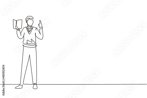 Continuous one line drawing young man professor standing in front of class with book on his hands, male teacher students in classroom at school. Single line draw design vector graphic illustration