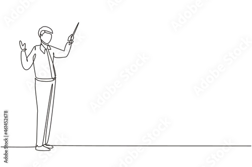 Single one line drawing standing businessman teacher wearing tidy shirt pointing with wooden pointer stick. Educational concept, courses, trainings. Continuous line draw design vector illustration
