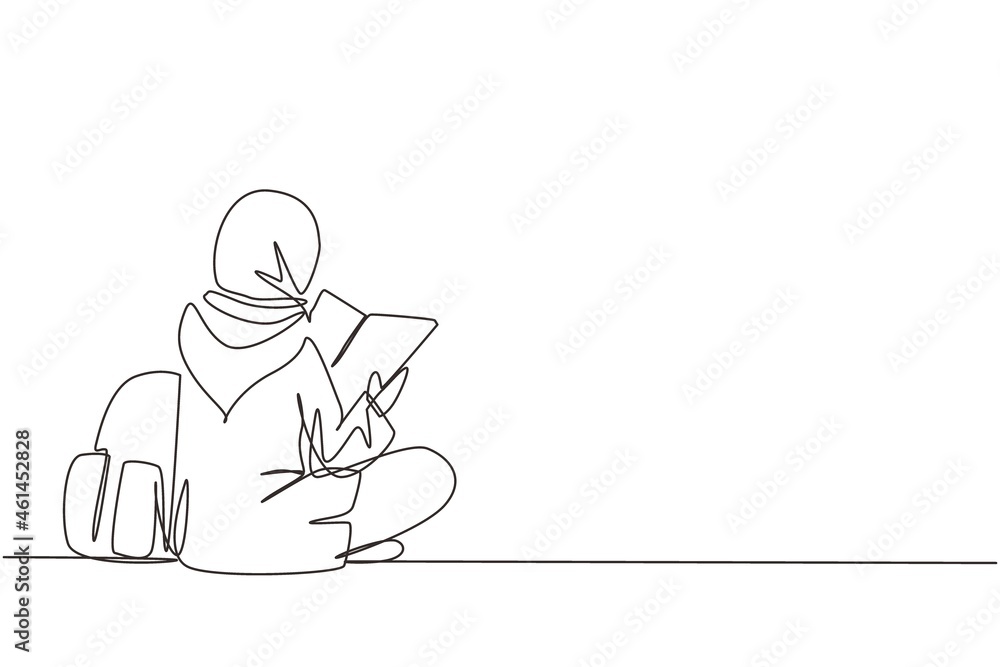 Single continuous line drawing back view young Arabian woman sitting on floor reading book. College student prepare to exam, back to school gaining knowledge. One line draw design vector illustration Single continuous line drawing back view young Arabian woman sitting on floor reading book. College student prepare to exam, back to school gaining knowledge. One line draw design vector illustration