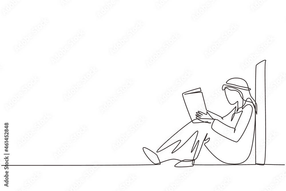 Single continuous line drawing young Arab man sit on floor, reclined on wall of library, read book. Guy studying and reading textbook. Reader sitting on floor and learning. One line draw design vector