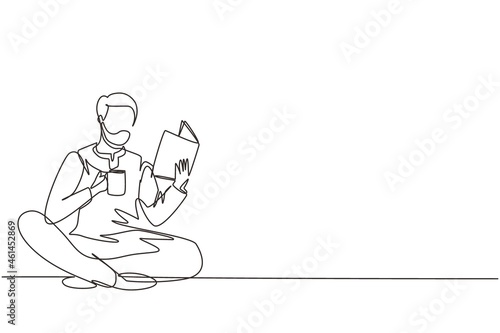 Single one line drawing smart Arab student preparing for exam. Man studying, reading textbooks, drink cup of coffee. Reader sitting on floor, learning. Continuous line draw design vector illustration