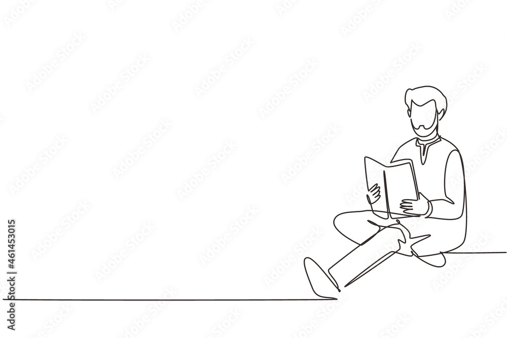 Single continuous line drawing smart Arabian student preparing for exam at home. Young man studying and reading book. Male reader sitting on floor, learning. One line draw design vector illustration Single continuous line drawing smart Arabian student preparing for exam at home. Young man studying and reading book. Male reader sitting on floor, learning. One line draw design vector illustration