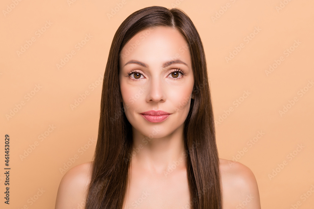Photo of sweet charming young lady wear nothing nude smiling isolated beige color background Photo of sweet charming young lady wear nothing nude smiling isolated beige color background