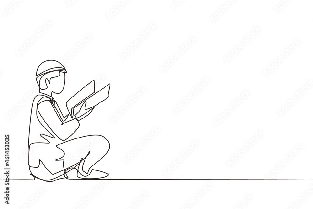 Single continuous line drawing teenage Arab man in traditional clothing sitting at floor, reading book. Enthusiastic reader for educational and hobby concept. One line draw design vector illustration