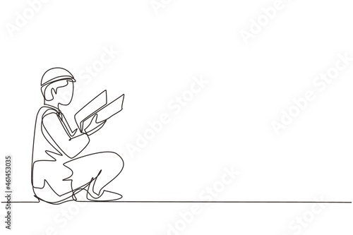 Single continuous line drawing teenage Arab man in traditional clothing sitting at floor, reading book. Enthusiastic reader for educational and hobby concept. One line draw design vector illustration