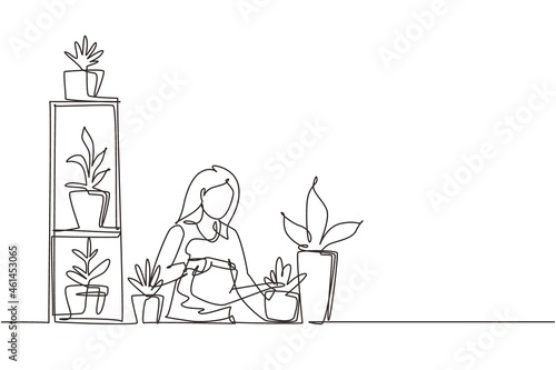 Continuous one line drawing woman is watering plants, caring for greens. Hobby, low-waste lifestyle, eco-friendly thinking. Home garden. Garden on balcony. Single line draw design vector illustration