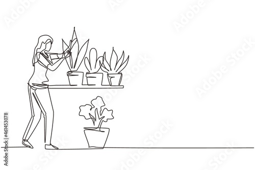 Single continuous line drawing woman gardener with rack and flowers. Female in garden growing plants. Gardening planting flowers in garden. Farmer girl takes care of plant. One line draw design vector
