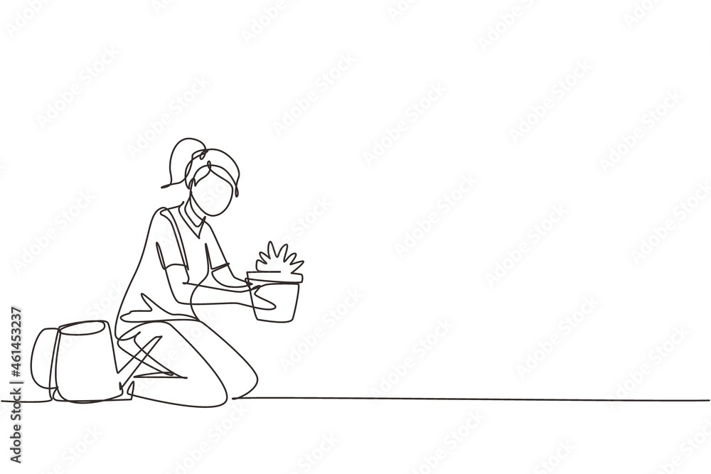 Continuous one line drawing happy girl taking care of houseplants growing in planters. Young cute woman cultivating potted plants at home. Female enjoying her hobby. Single line draw design vector
