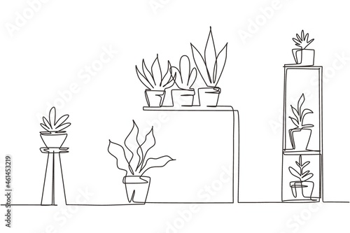 Single one line drawing home garden, succulents, flowers, potted plants. Interior design, table, rack, stand for home plants. Seedlings of decorative tulips. Continuous line design vector illustration