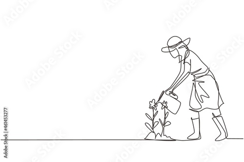 Single continuous line drawing girl volunteer watering plant with watering can, volunteering, charity, supporting people. Botanical garden, planting flowers. One line draw design vector illustration