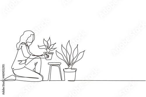 Single continuous line drawing young woman worker kneeling, potted plants. Houseplants in pots in greenhouse, botanical garden, flowers growing, plant nursery. One line draw design vector illustration