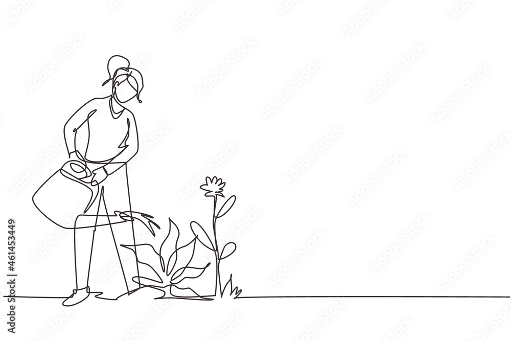Single one line drawing lovely young woman or gardener taking care of home garden, watering houseplants growing in greenhouse with watering can. Continuous line draw design graphic vector illustration Single one line drawing lovely young woman or gardener taking care of home garden, watering houseplants growing in greenhouse with watering can. Continuous line draw design graphic vector illustration
