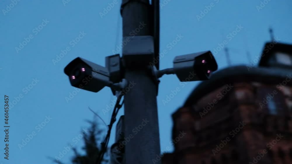 Security cameras in the evening in the city Security cameras in the evening in the city