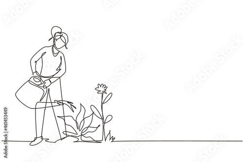 Single one line drawing lovely young woman or gardener taking care of home garden, watering houseplants growing in greenhouse with watering can. Continuous line draw design graphic vector illustration