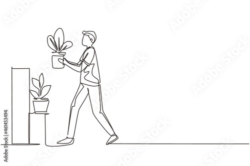 Continuous one line drawing home gardening. Male take care to houseplant. Man carefully puts flower in pot on rack. Hobby growing exotic plants. Stand with rare sprouts. Single line draw design vector