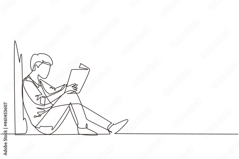 Continuous one line drawing young man sit on the floor, reclined on wall of library, read book. Guy studying and reading textbooks. Reader sitting on floor and learning. Single line draw design vector
