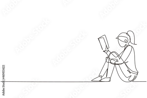 Single continuous line drawing young woman sitting on floor, reading book. Reading, studying. Girl love to read literature. Education, library concept. Dynamic one line draw design vector illustration