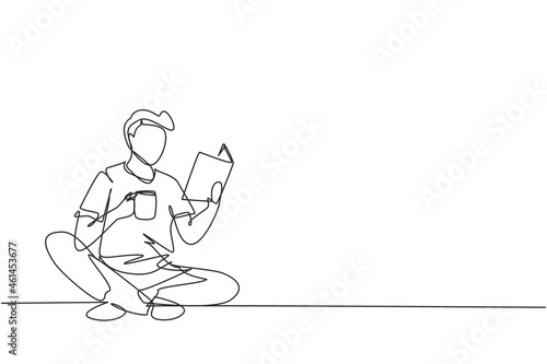 Single one line drawing smart student preparing for exam. Young man studying, reading textbooks, drink cup of coffee. Reader sitting on floor, learning. Continuous line draw design vector illustration