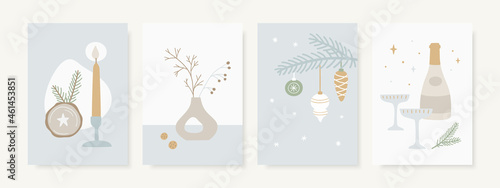 Christmas Scandinavian greeting card, invitation set. Minimal retro design. Hand drawn fir tree branches, ornaments, gift box, candles, champagne bottle and glasses. Vector template.