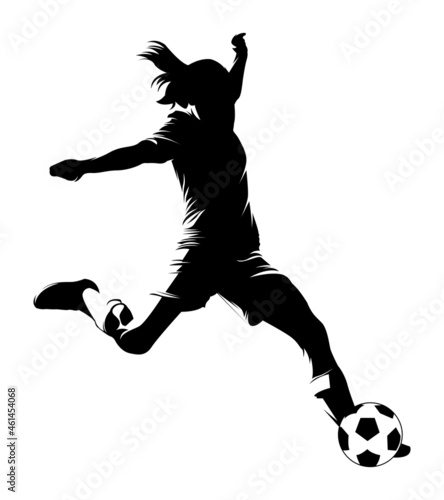 Women soccer player vector silhouettes on white background isolated. Silhouette of a woman kicking soccer ball, vector illustration