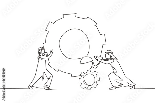 Single continuous line drawing two Arab businessmen help each other pushing big cog. People push gear, team of worker tech holding gear collaboration solution. One line draw design vector illustration