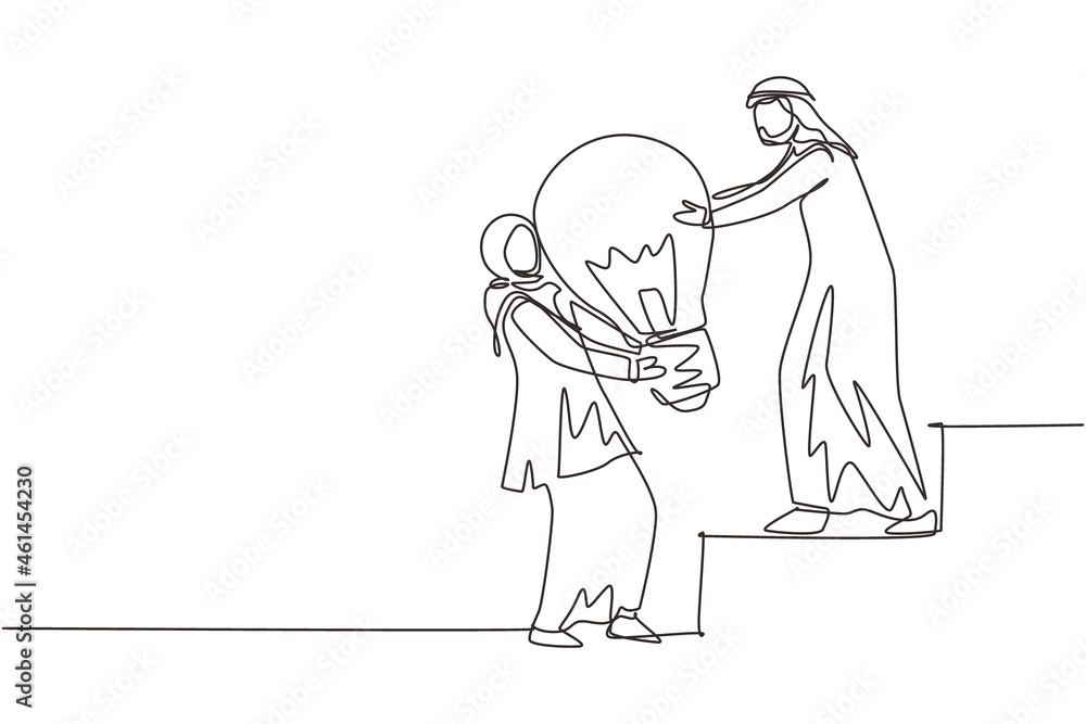 Single one line drawing Arabian woman helping man to lifting light bulb at stairs. Business idea, teamwork, goal achievement, solution, success, winner. Continuous line draw design vector illustration