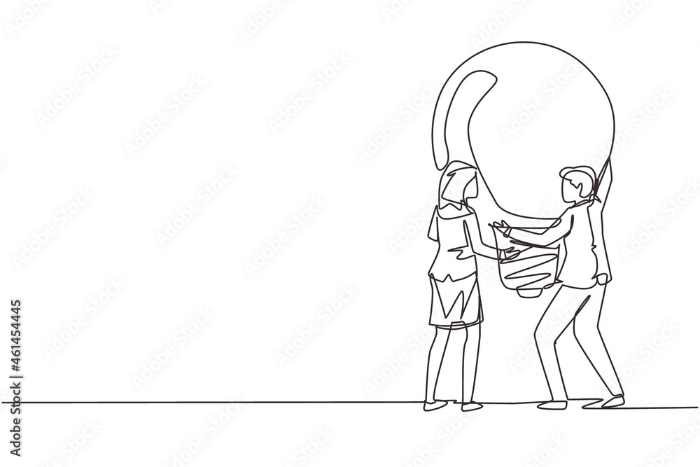 Single one line drawing two people hold big idea bulb. Creativity, brainstorming, teamwork. Man woman holding light bulb up, symbol of finding solution. Continuous line draw design vector illustration Single one line drawing two people hold big idea bulb. Creativity, brainstorming, teamwork. Man woman holding light bulb up, symbol of finding solution. Continuous line draw design vector illustration