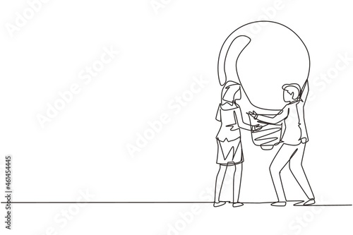Single one line drawing two people hold big idea bulb. Creativity, brainstorming, teamwork. Man woman holding light bulb up, symbol of finding solution. Continuous line draw design vector illustration