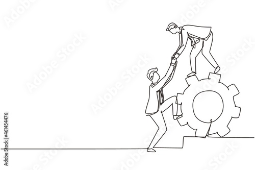 Single one line drawing two businessmen helping each other on top of cog. Teamwork people help each other trust assistance. Goal concept. Modern continuous line draw design graphic vector illustration