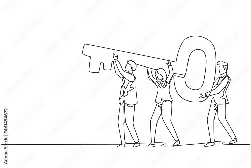 © Simple Line - Continuous one line drawing business team holding and carrying big key to unlock the lock. Cooperative teamwork, collaborative business concept. Single line draw design vector graphic illustration