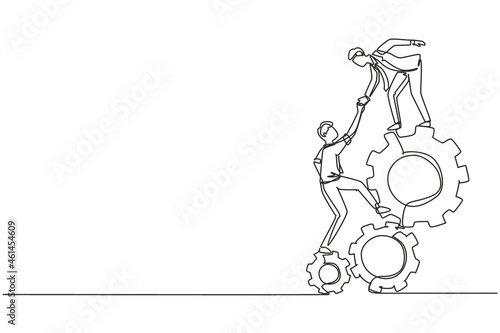 Single one line drawing two young businessmen helping each other to go up to pile of cogs. Teamwork people trust assistance. Technology gear collaboration solution. Continuous line draw design vector