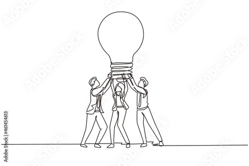 Single one line drawing group people hold huge lamp new idea. Success in business rely on teamwork, good planning, finding creative solution to problem. Continuous line draw design vector illustration