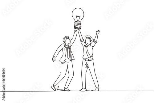 Single continuous line drawing goal achievement, winning, teamwork, business. Team businessman holding light bulb. Successful trouble solution idea creation. One line draw design vector illustration