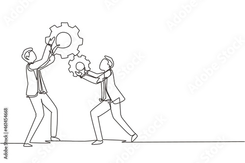 Single one line drawing team of business tech people hold up technology gear collaboration solution. Businessmen lifting two cogs wheel work together. Continuous line draw design vector illustration