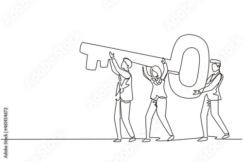 Continuous one line drawing business team holding and carrying big key to unlock the lock. Cooperative teamwork, collaborative business concept. Single line draw design vector graphic illustration