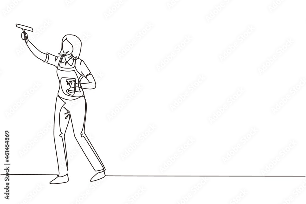 Single continuous line drawing female professional busy janitor wiping indoors, office cleaning, window, floor washing, young, happy, wearing overall, protective gloves. One line draw design vector Single continuous line drawing female professional busy janitor wiping indoors, office cleaning, window, floor washing, young, happy, wearing overall, protective gloves. One line draw design vector