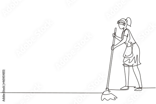 Continuous one line drawing happy young woman mopping floor and cleanup indoors. Home clean, housework service or housekeeping workers and janitor. Single line draw design vector graphic illustration