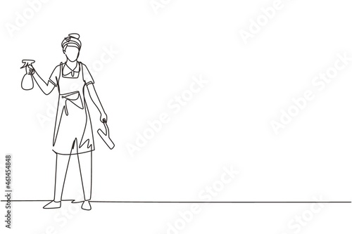 Single continuous line drawing woman cleaning, tidying home, female wiping window glass with detergents, special supplies. Cleanup and housekeeping of apartment or house. One line draw design vector