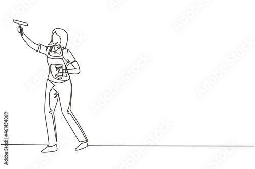 Single continuous line drawing female professional busy janitor wiping indoors, office cleaning, window, floor washing, young, happy, wearing overall, protective gloves. One line draw design vector