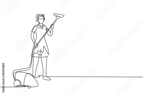 Single one line drawing young woman works at home, do cleaning in uniform. Home vacuum cleaner. Household home appliances. Disinfection and cleaning. Continuous line draw design vector illustration