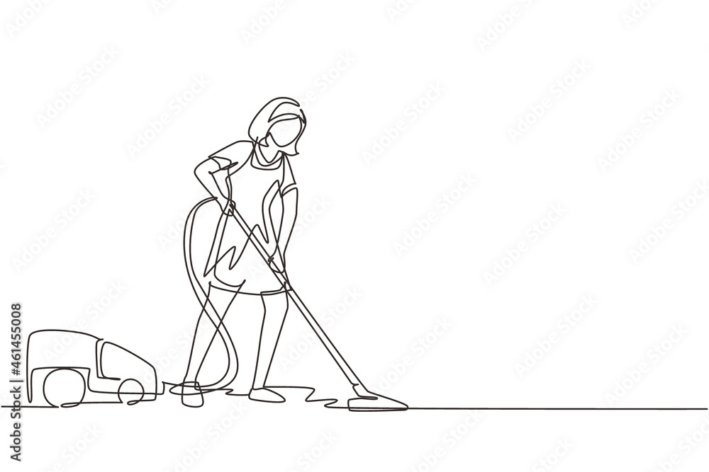 Continuous one line drawing woman with vacuum cleaners of various types