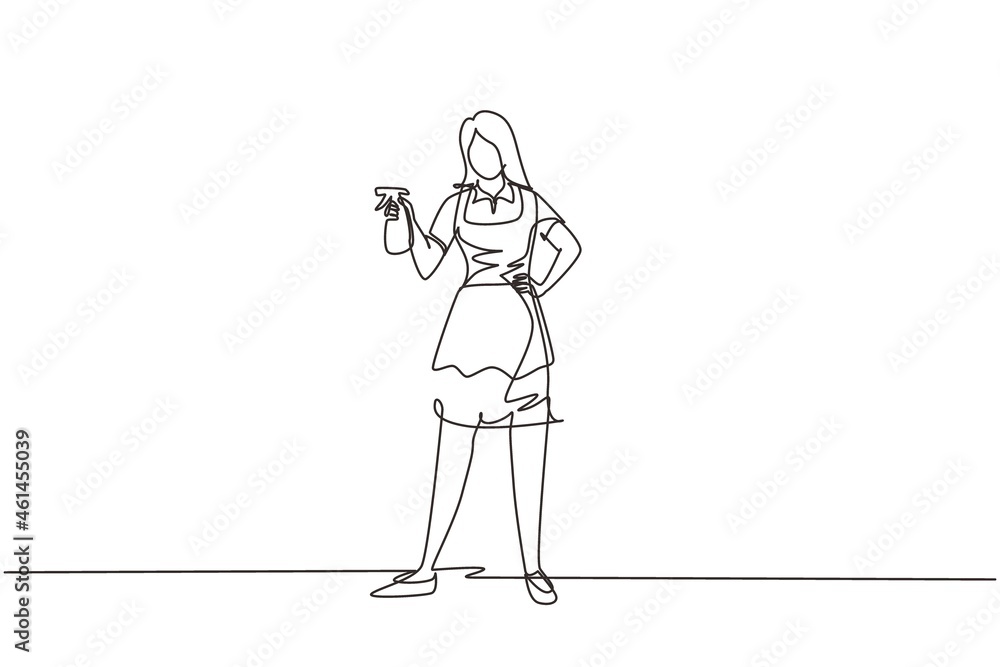 Single continuous line drawing woman washing windows at home. Housework