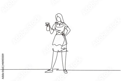 Single continuous line drawing woman washing windows at home. Housework chores, female doing house work domestic duties. Girl cleaning, tidying up. Housekeeping routine. One line draw design vector