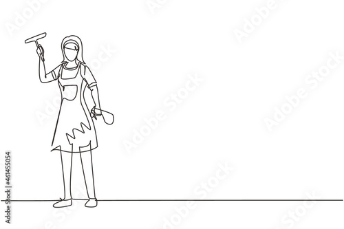 Continuous one line drawing smiling cleaning staff member is wiping the window with brush and spray. Concept of woman cleaning windows from dust in different premises. Single line draw design vector